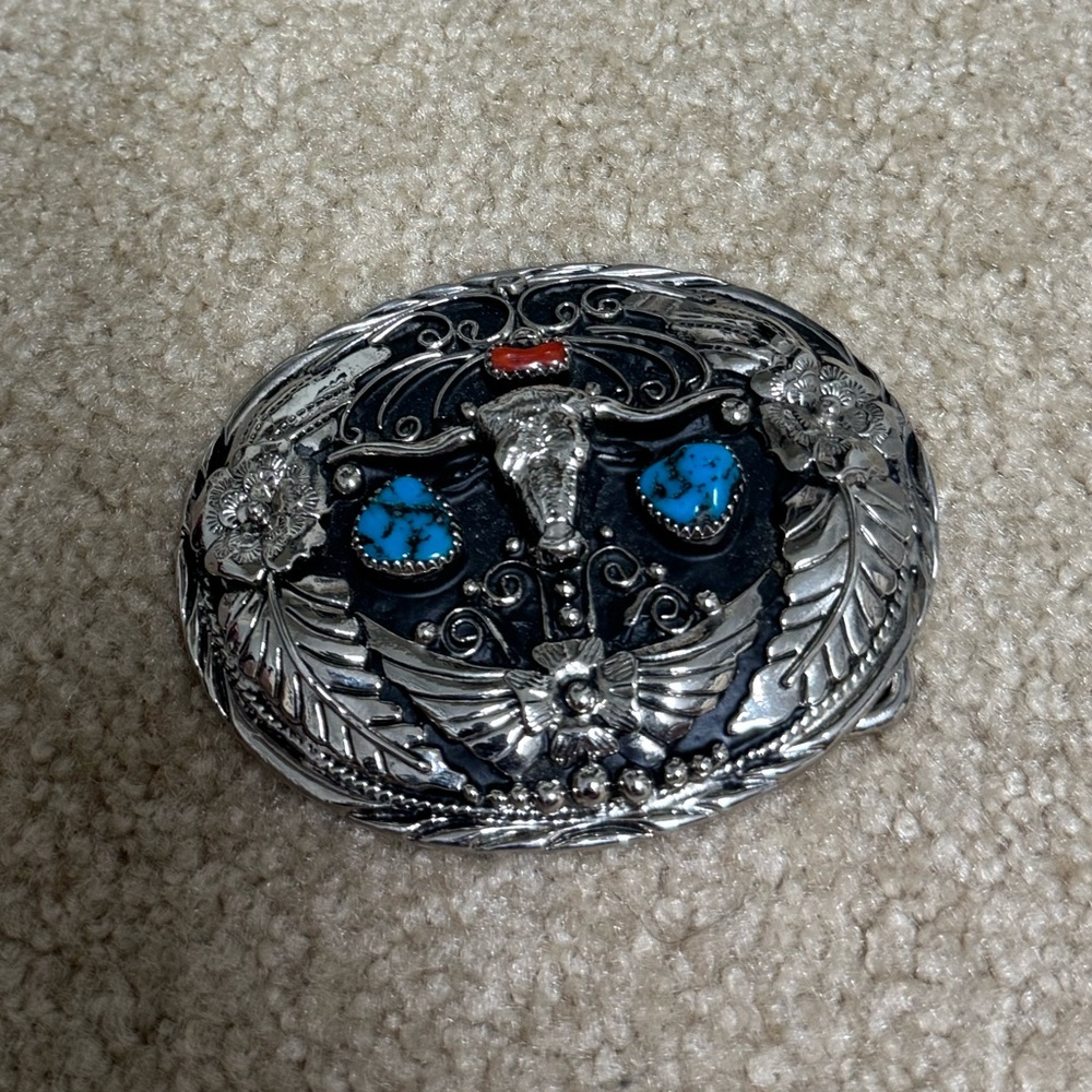 Silver and Blue Western Belt Buckle
